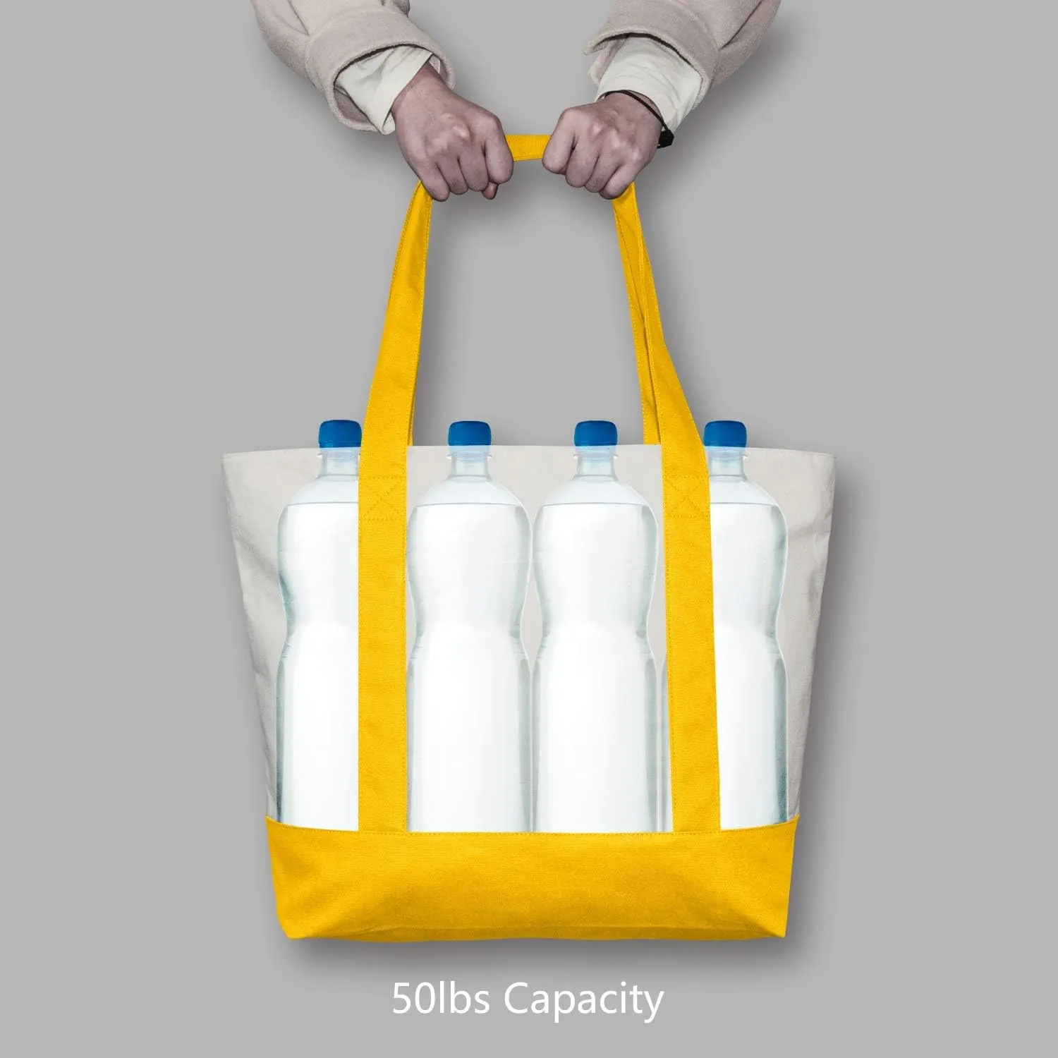 TOPDesign 1-Pack Canvas Tote Bag with an External Pocket, Reusable Grocery Shopping Bag, Top Zipper Closure, Daily Essentials (Yellow/Natural)