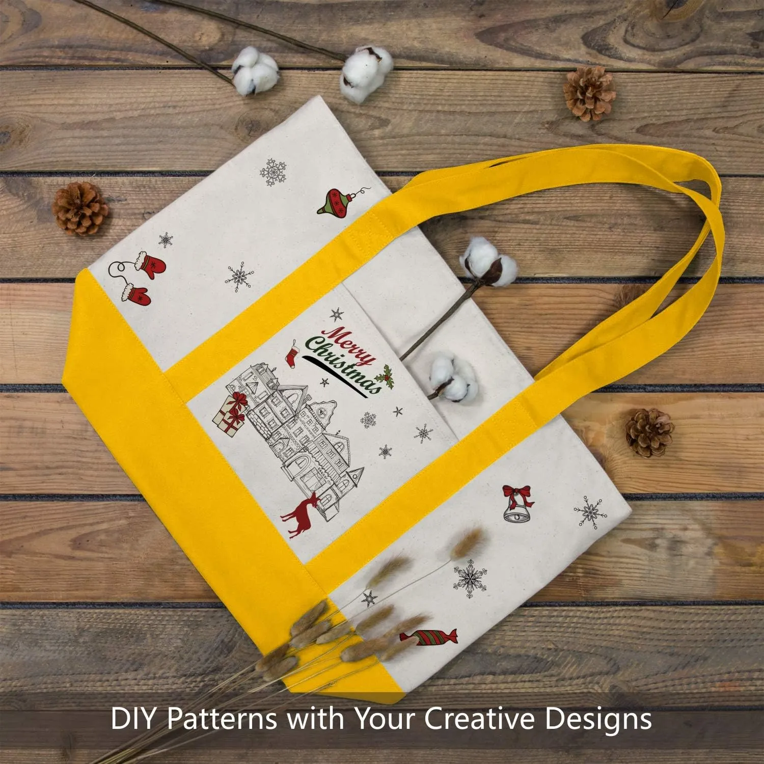 TOPDesign 1-Pack Canvas Tote Bag with an External Pocket, Reusable Grocery Shopping Bag, Top Zipper Closure, Daily Essentials (Yellow/Natural)