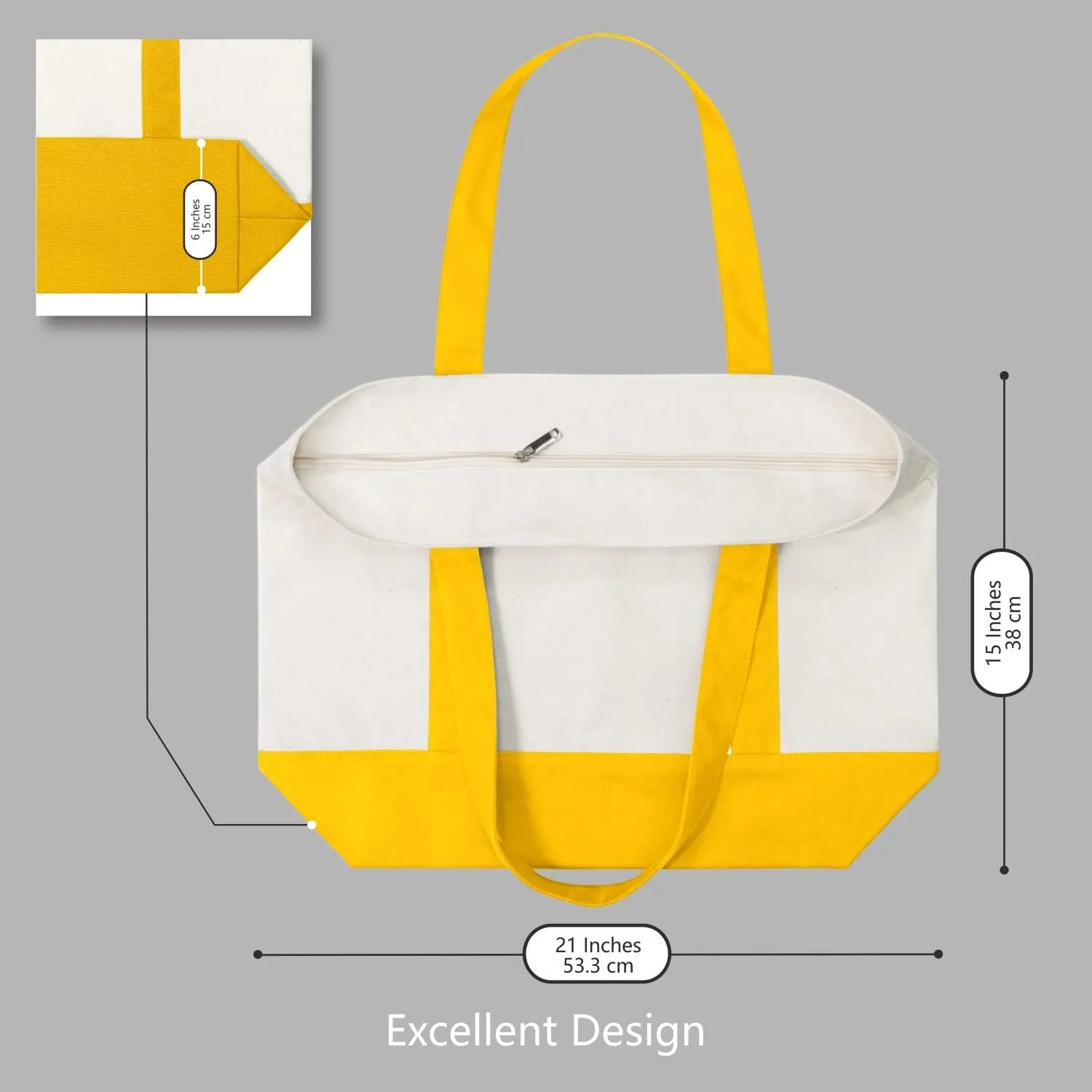 TOPDesign 1-Pack Canvas Tote Bag with an External Pocket, Reusable Grocery Shopping Bag, Top Zipper Closure, Daily Essentials (Yellow/Natural)