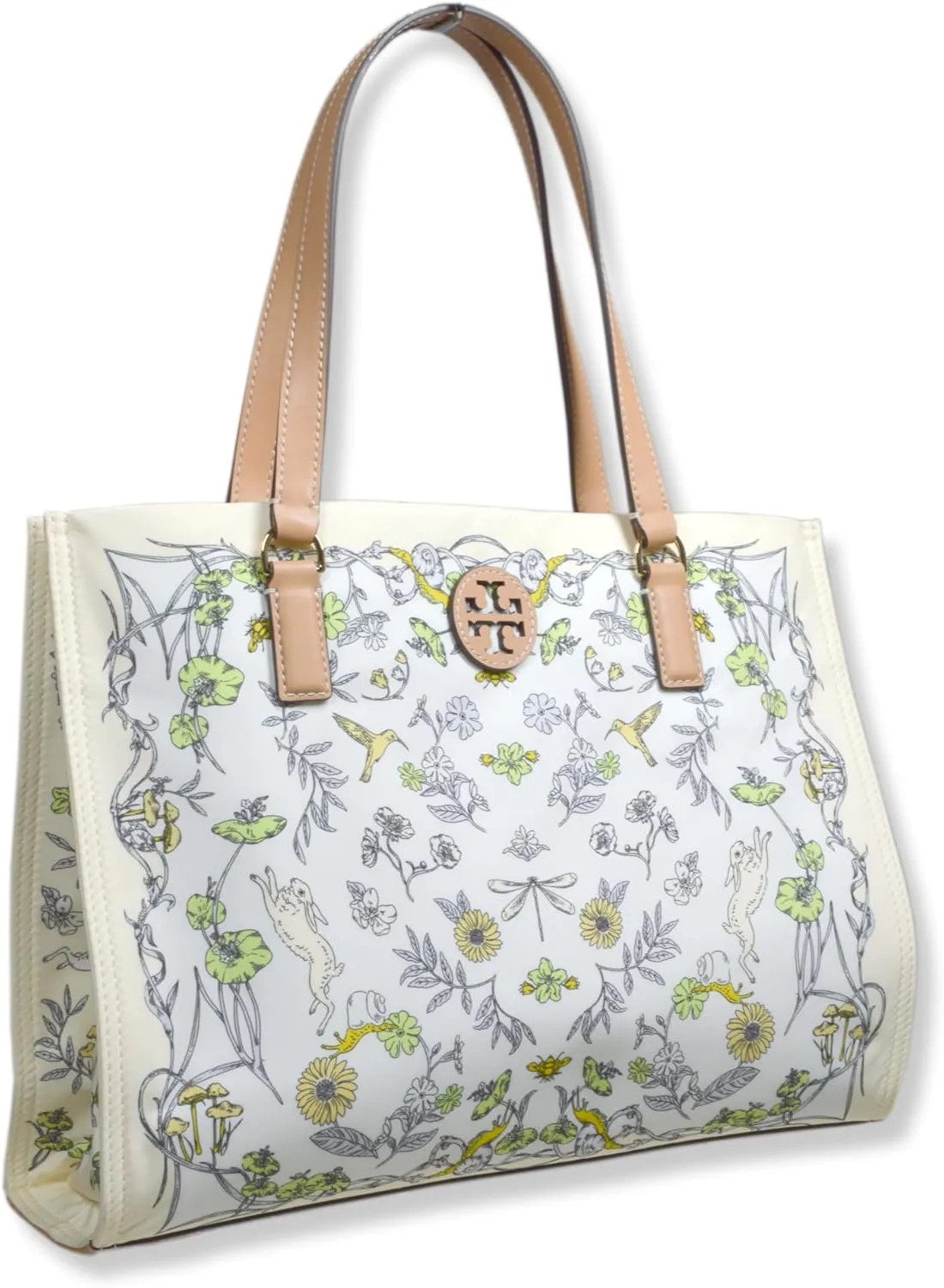 Tory Burch Womens Floral Easter Printed Nylon Tote Bag with Gold-Tone Hardware, Small, Meadow
