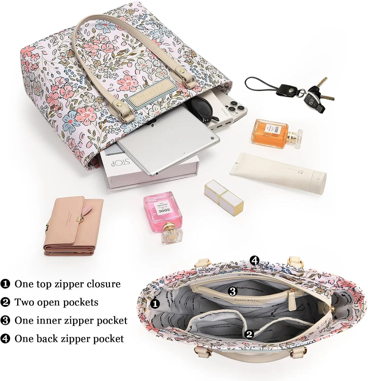 Tote bags for women, tote purse, nylon tote bag, with zipper and pockets, waterproof, lightweight