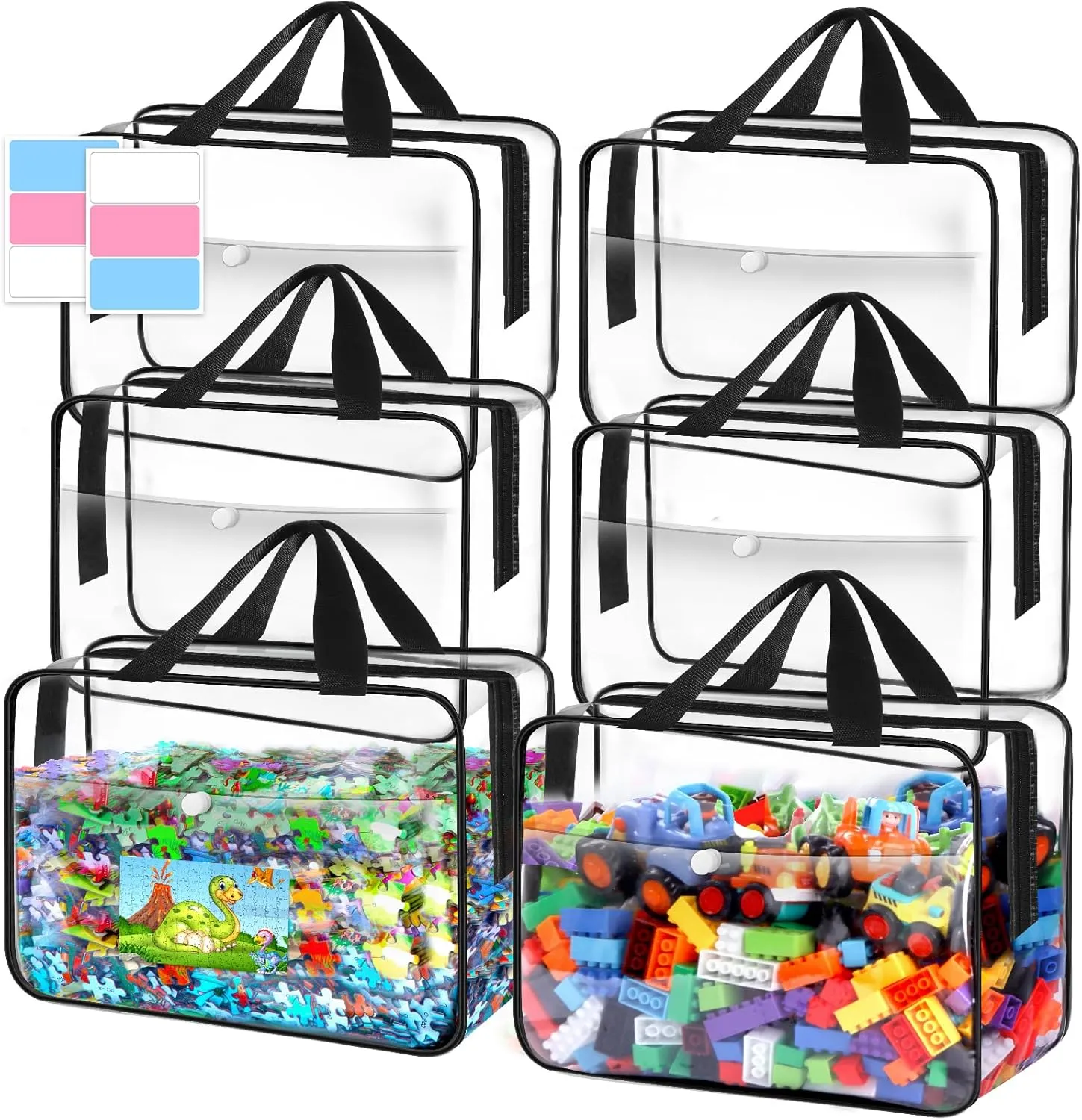 Toy Storage Bags 6 Packs, Kids Toy Storage Organizer with Zipper and Labels, PVC Clear Bags for Board Games, Books, Puzzles, Building Blocks(Large, Black)