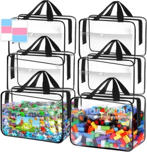 Toy Storage Bags 6 Packs, Kids Toy Storage Organizer with Zipper and Labels, PVC Clear Bags for Board Games, Books, Puzzles, Building Blocks(Large, Black)