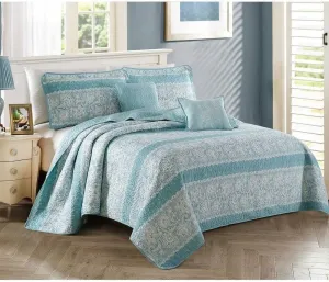 TRP 5 Piece Traditional Floral Geometric Quilted Bedspread Cal King Size Set with Two Decorative Pillows - French Country Designer Extra Softness Reversible Aqua Blue Quilt Coverlet Set, Teal Aqua