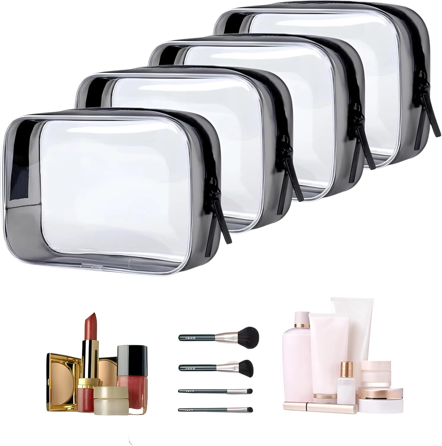 TSA Clear Toiletry Bags - 4 Pack Clear Travel Bags for Makeup & Toiletries, Small Multicolor Cosmetic Bags, Carry On Travel Pouch with Zipper (Black Series)