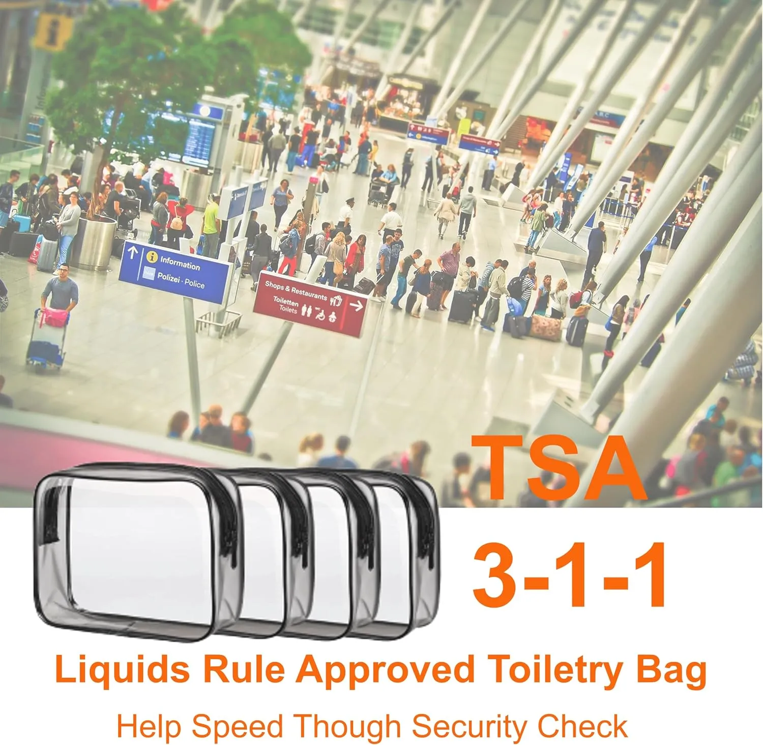 TSA Clear Toiletry Bags - 4 Pack Clear Travel Bags for Makeup & Toiletries, Small Multicolor Cosmetic Bags, Carry On Travel Pouch with Zipper (Black Series)