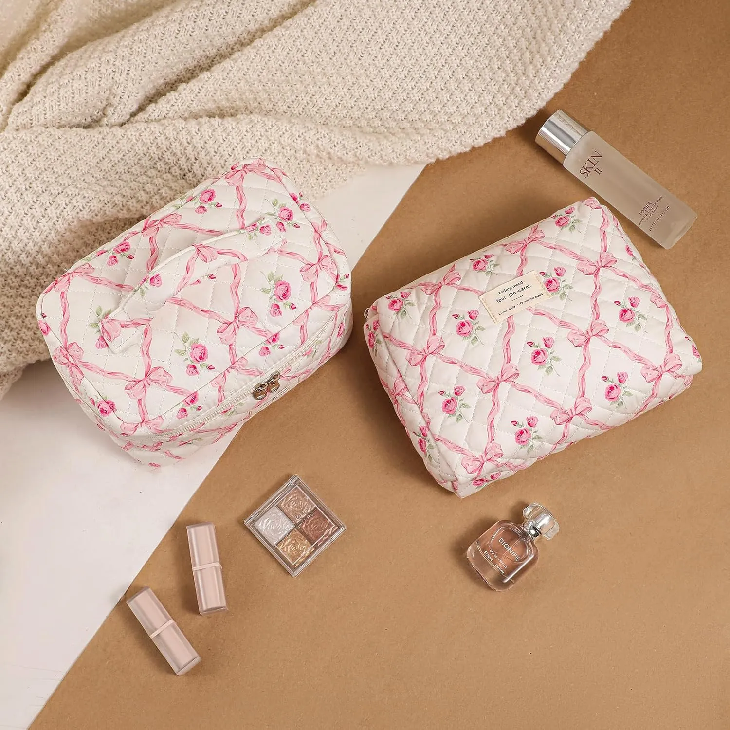 uekeboag 2 Pcs Large Quilted Makeup Bag, Cotton Quilted Toiletry Bag for Women,Floral Coquette Makeup Bag,Cute Kawaii Travel Cosmetic Bags(2Pcs Pink Bows)