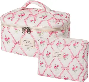 uekeboag 2 Pcs Large Quilted Makeup Bag, Cotton Quilted Toiletry Bag for Women,Floral Coquette Makeup Bag,Cute Kawaii Travel Cosmetic Bags(2Pcs Pink Bows)