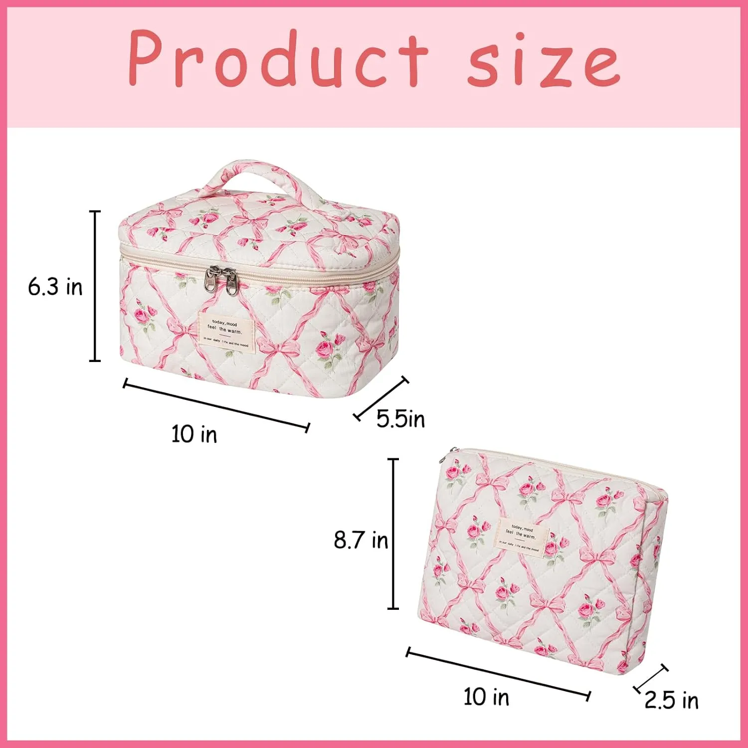 uekeboag 2 Pcs Large Quilted Makeup Bag, Cotton Quilted Toiletry Bag for Women,Floral Coquette Makeup Bag,Cute Kawaii Travel Cosmetic Bags(2Pcs Pink Bows)