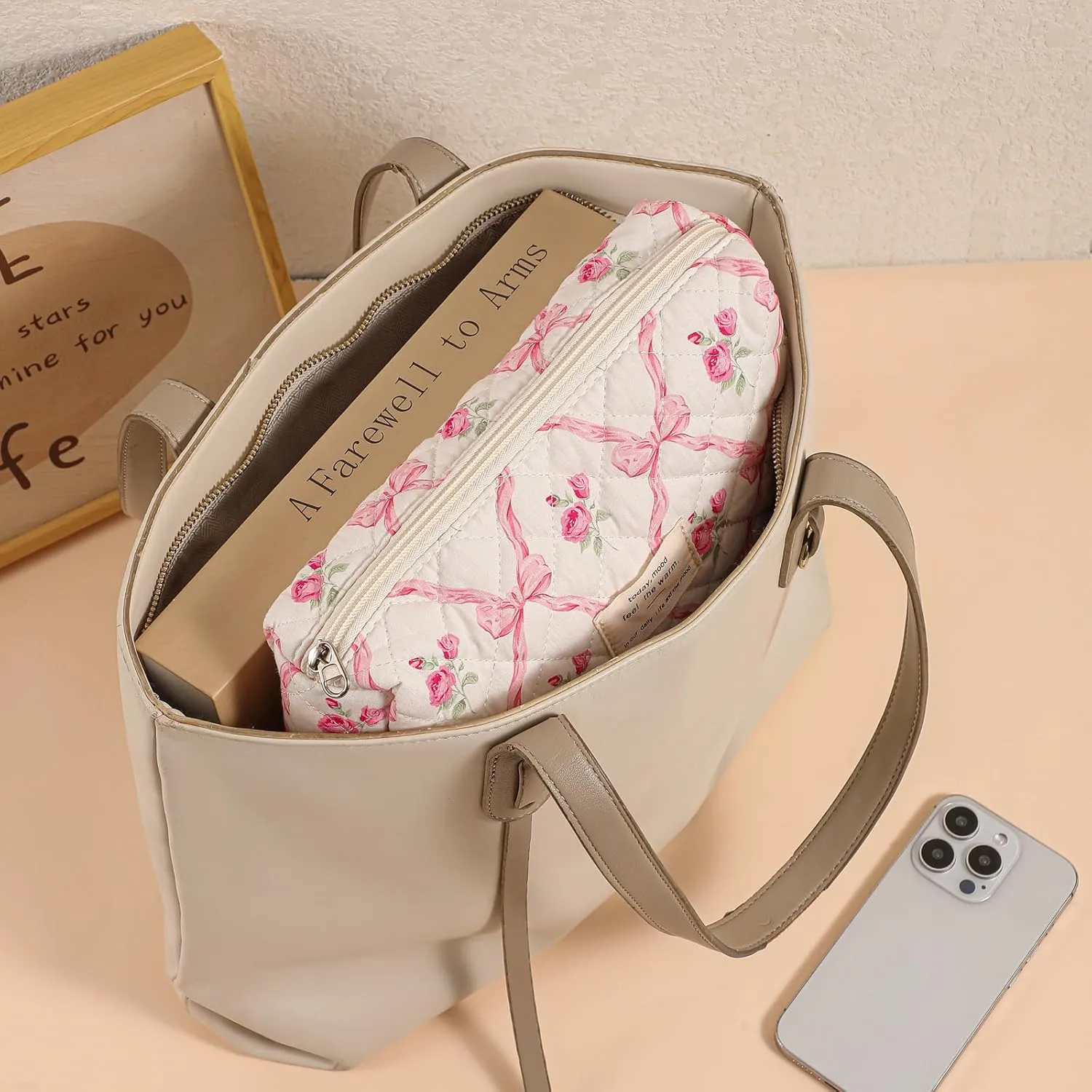 uekeboag 2 Pcs Large Quilted Makeup Bag, Cotton Quilted Toiletry Bag for Women,Floral Coquette Makeup Bag,Cute Kawaii Travel Cosmetic Bags(2Pcs Pink Bows)