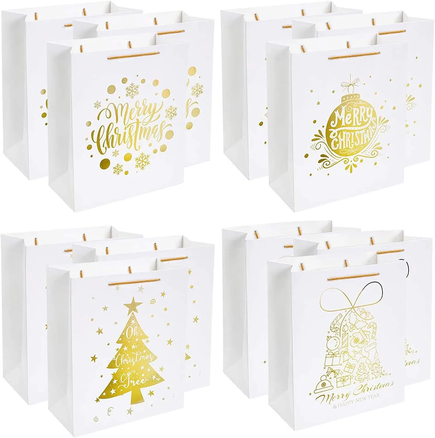 UNIQOOO 12Pcs Large White & Metallic Gold Foil Gift Bags, 4 Assorted Xmas Tree Snowflake Designs, Perfect for Christmas Thanksgiving New Year Party Favor