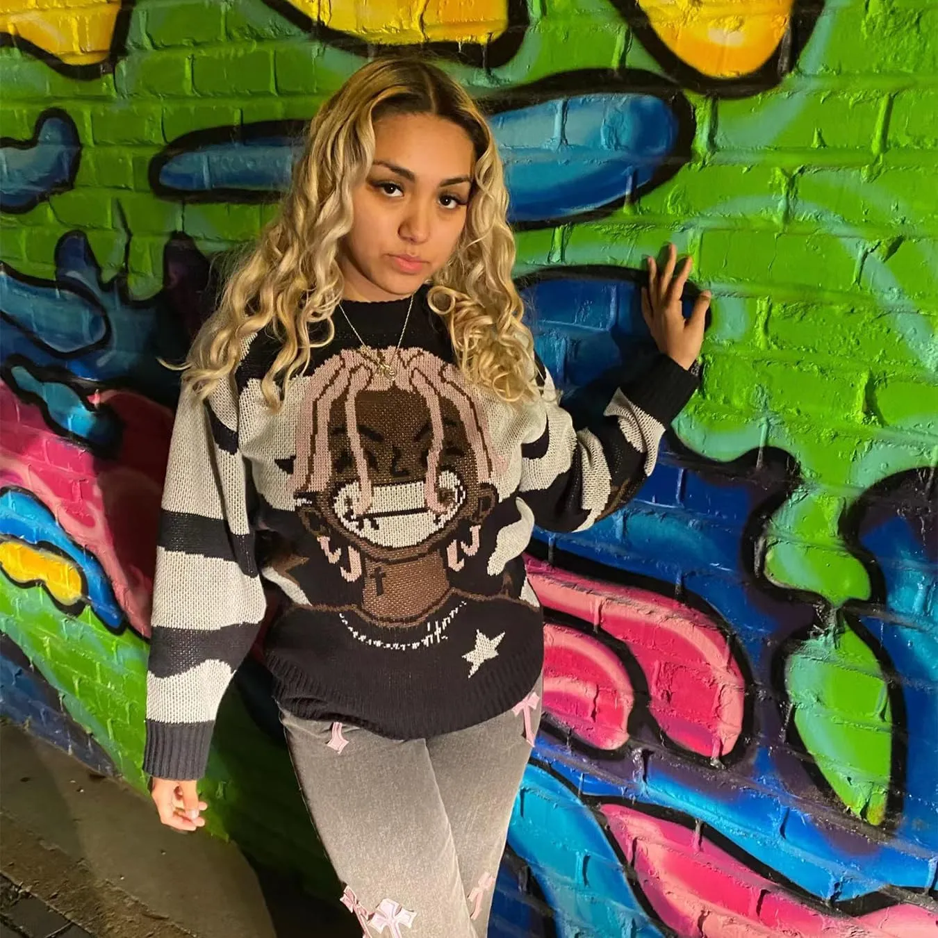 Unisex Anime Rapper Knitted Sweater Oversized Long Sleeve Hip Hop Vintage Pullover Knit Sweater