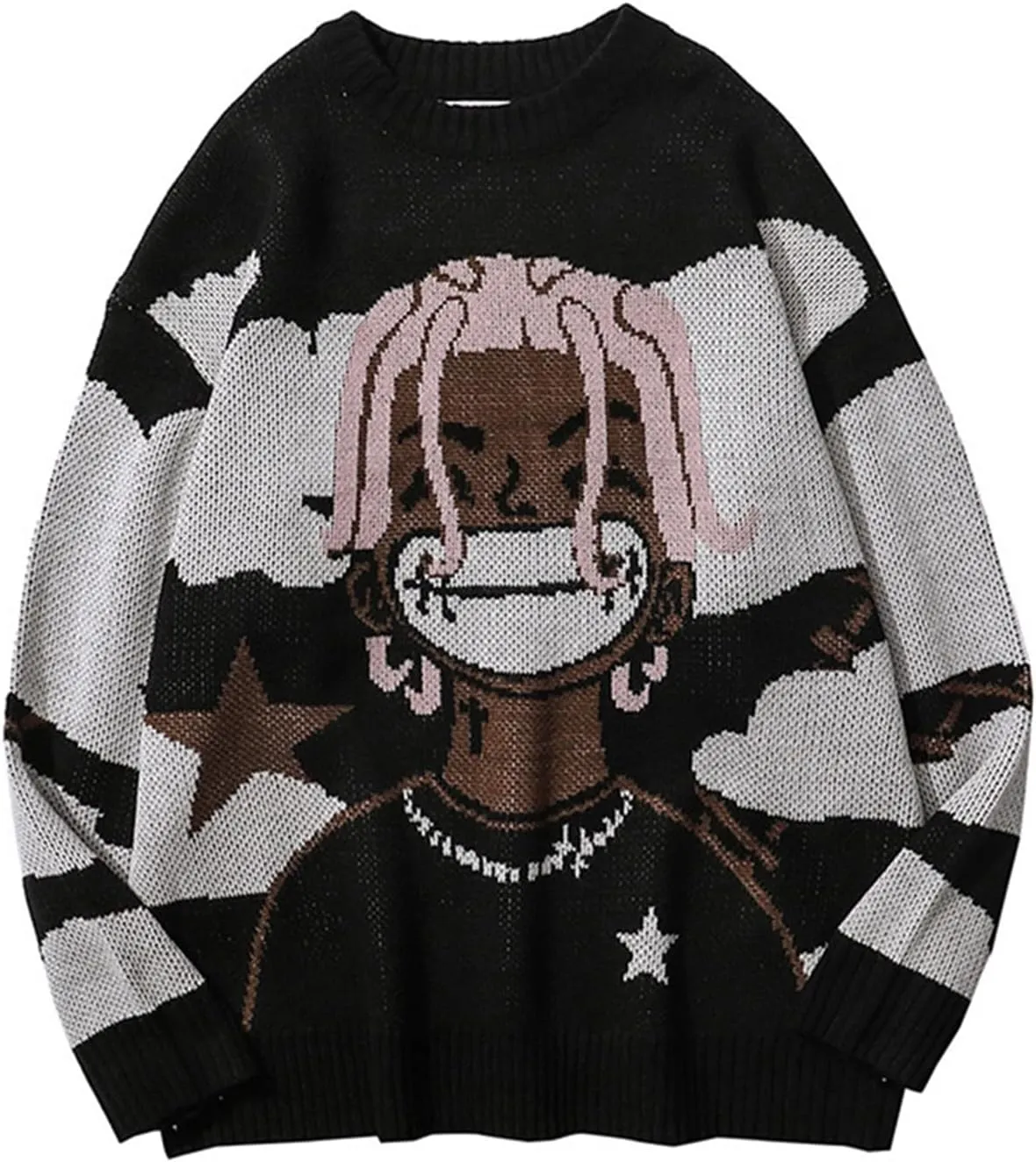 Unisex Anime Rapper Knitted Sweater Oversized Long Sleeve Hip Hop Vintage Pullover Knit Sweater