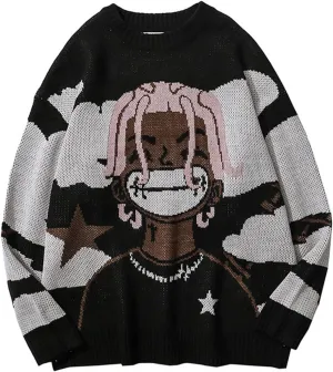 Unisex Anime Rapper Knitted Sweater Oversized Long Sleeve Hip Hop Vintage Pullover Knit Sweater