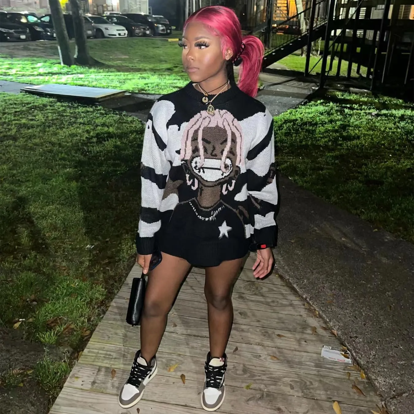 Unisex Anime Rapper Knitted Sweater Oversized Long Sleeve Hip Hop Vintage Pullover Knit Sweater