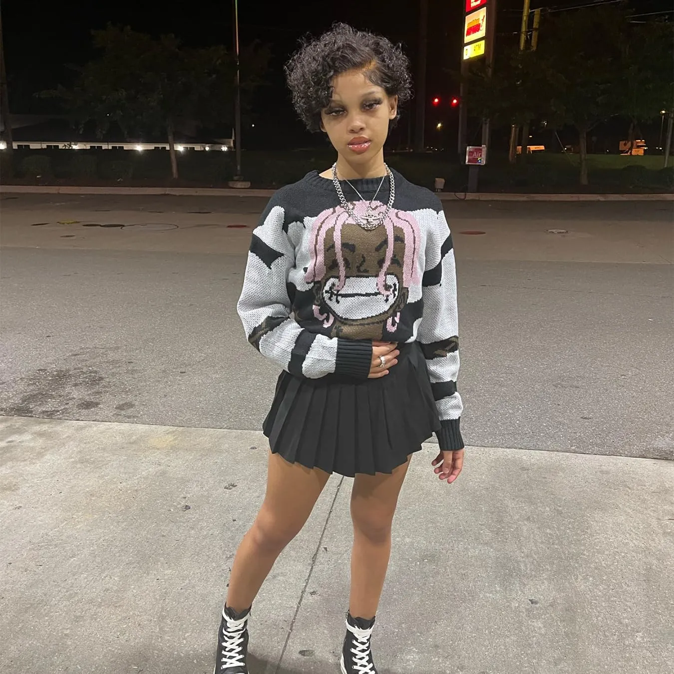 Unisex Anime Rapper Knitted Sweater Oversized Long Sleeve Hip Hop Vintage Pullover Knit Sweater