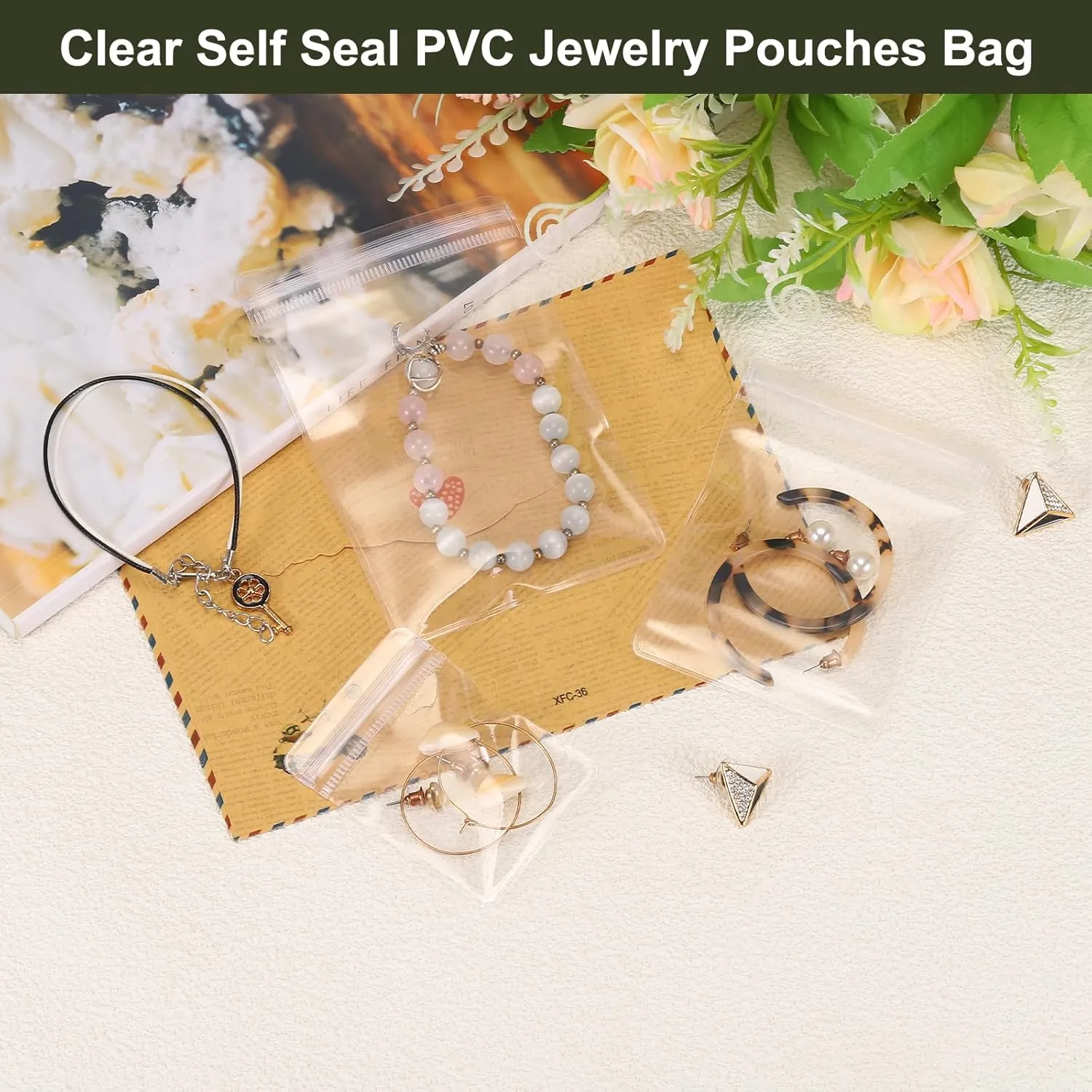 uxcell 100pcs PVC Jewelry Bags 3.1 x 4.7 Inch Self Seal Jewelry Pouches Clear Zipper Bags for Necklace Ring Earring Jewelry Packaging, Transparent