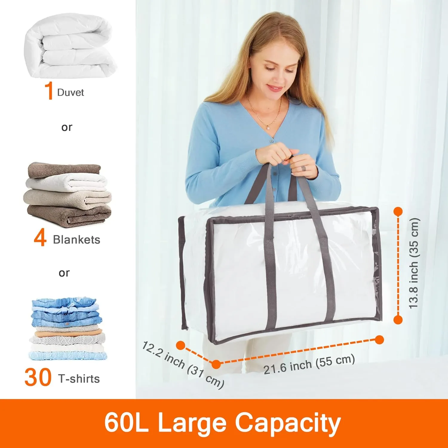 Vieshful 4 Pack Clear Clothes Storage Bag, 60L Zippered Closet Organizer, Plastic Storage Containers Moving bags for Comforter, Blanket, Bedding, Duvet, Toys (Grey)