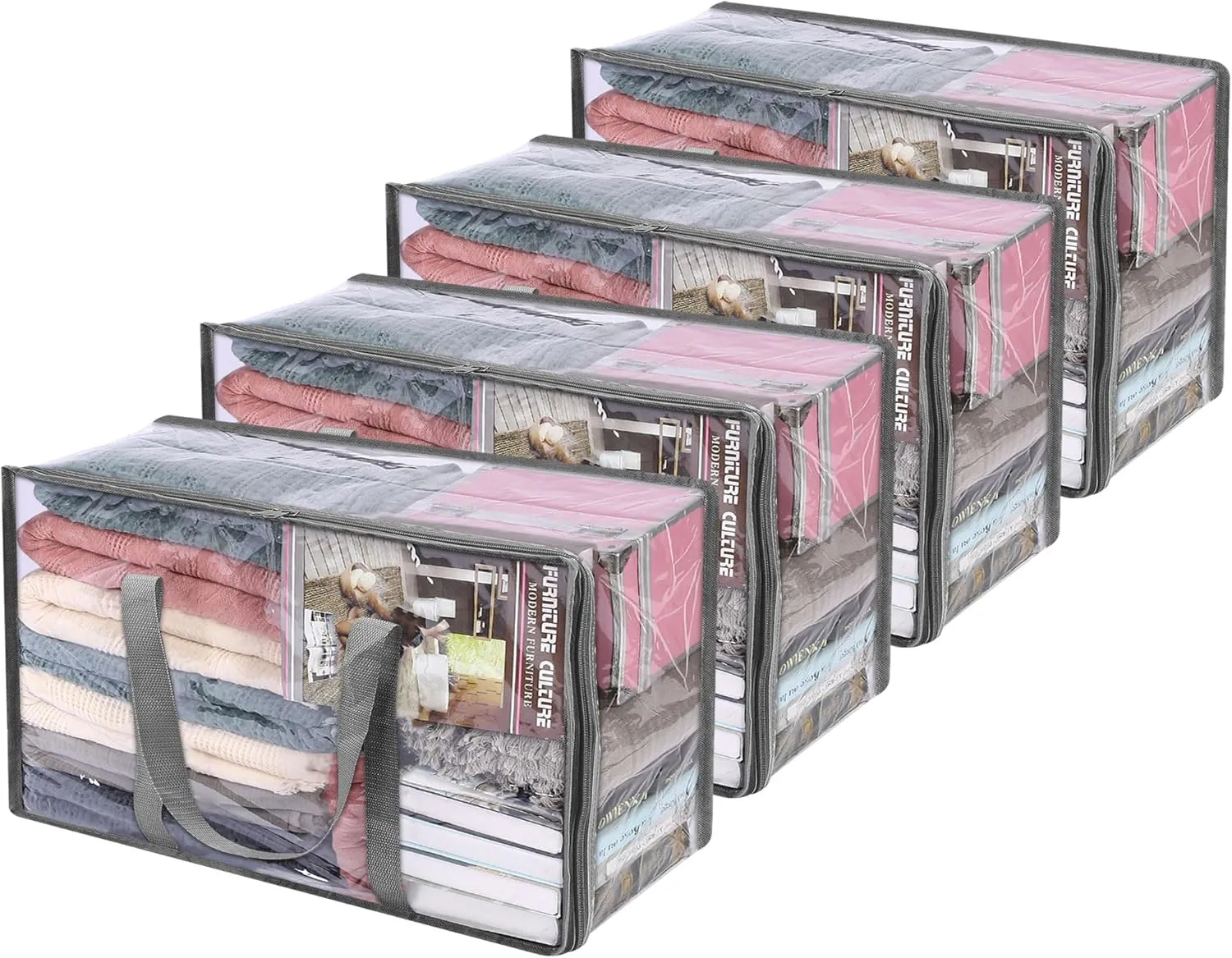 Vieshful 4 Pack Clear Clothes Storage Bag, 60L Zippered Closet Organizer, Plastic Storage Containers Moving bags for Comforter, Blanket, Bedding, Duvet, Toys (Grey)