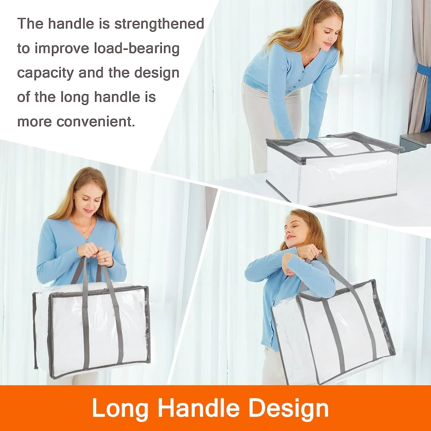 Vieshful 4 Pack Clear Clothes Storage Bag, 60L Zippered Closet Organizer, Plastic Storage Containers Moving bags for Comforter, Blanket, Bedding, Duvet, Toys (Grey)