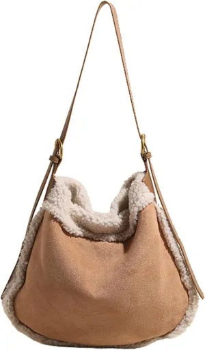 Vintage Suede Tote Bag Women 2024 Fall Winter Lambswool Fashion Shoulder Bag Purse Small Zip Inner Clutch Casual Stylish Use