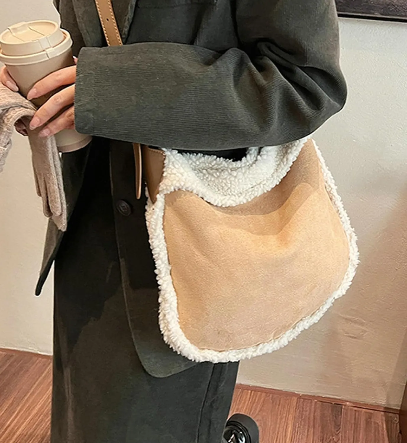 Vintage Suede Tote Bag Women 2024 Fall Winter Lambswool Fashion Shoulder Bag Purse Small Zip Inner Clutch Casual Stylish Use