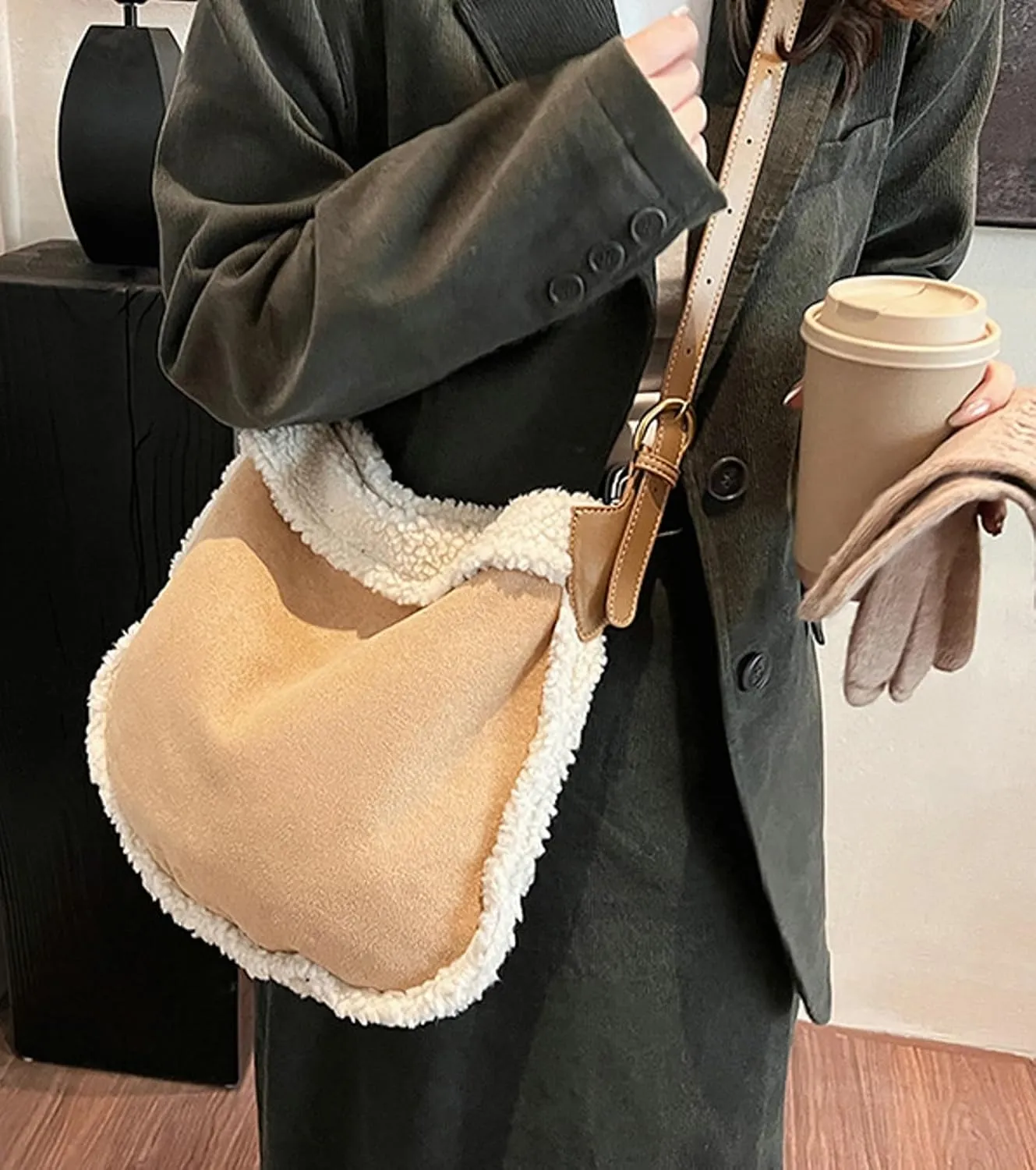 Vintage Suede Tote Bag Women 2024 Fall Winter Lambswool Fashion Shoulder Bag Purse Small Zip Inner Clutch Casual Stylish Use