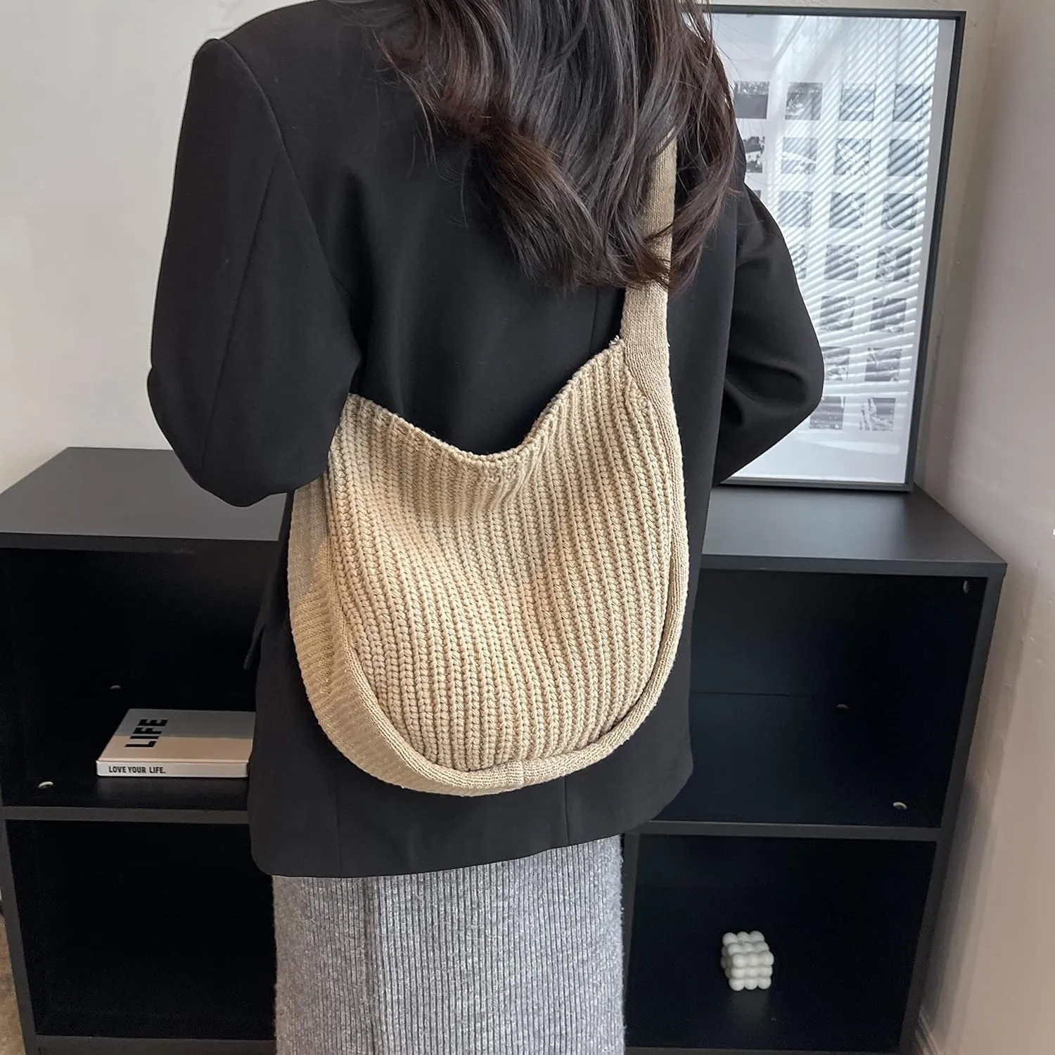 VIWIME Women's Crocheted Crossbody Tote Hobo Bag, Knitted Shoulder Handbag, Aesthetic Handmade Cute Purse, Knit Crochet Bag