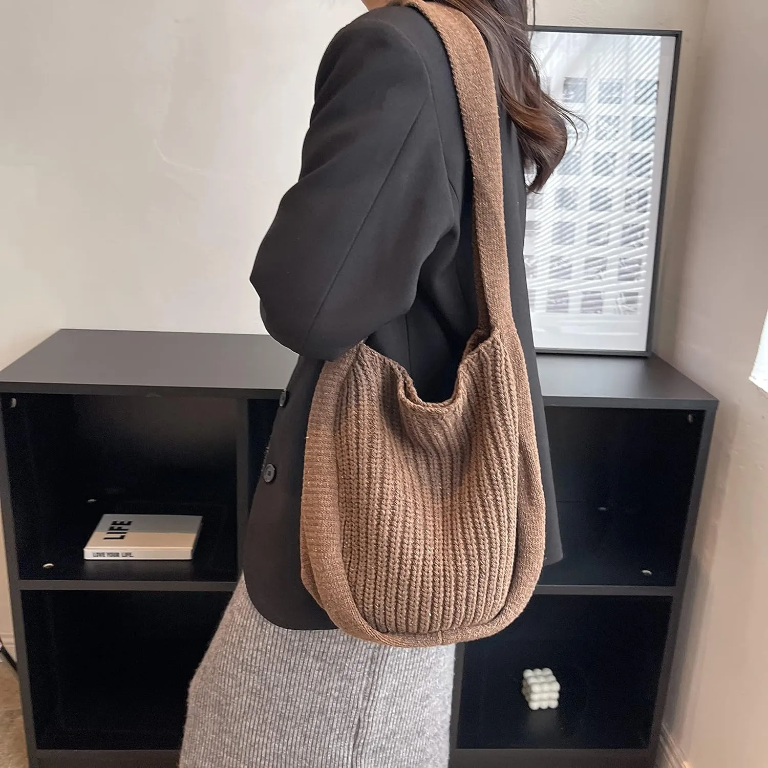 VIWIME Women's Crocheted Crossbody Tote Hobo Bag, Knitted Shoulder Handbag, Aesthetic Handmade Cute Purse, Knit Crochet Bag