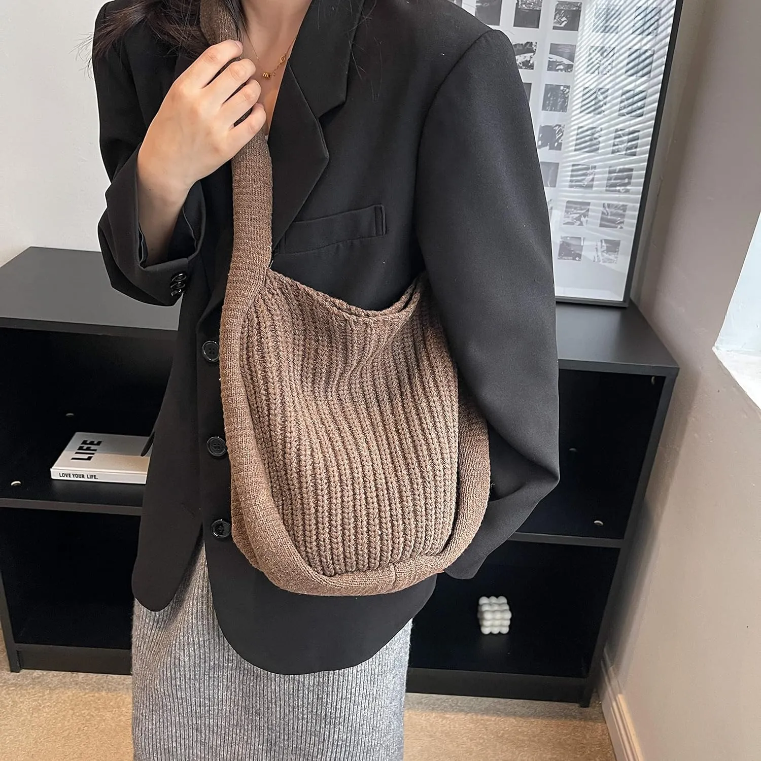 VIWIME Women's Crocheted Crossbody Tote Hobo Bag, Knitted Shoulder Handbag, Aesthetic Handmade Cute Purse, Knit Crochet Bag