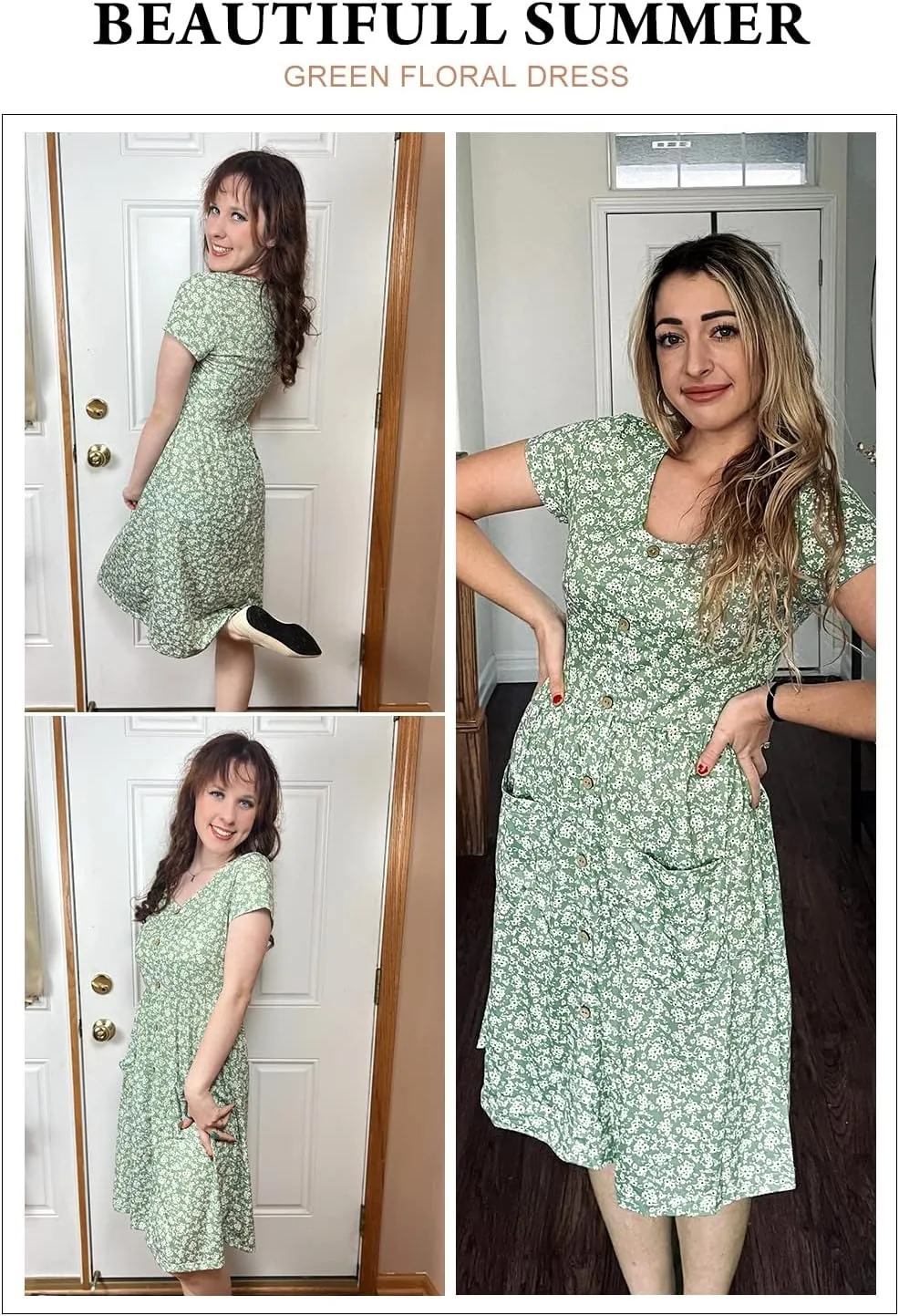 VOTEPRETTY Women's Short Sleeve V Neck Sundress Summer Casual Button Floral Dress with Pockets