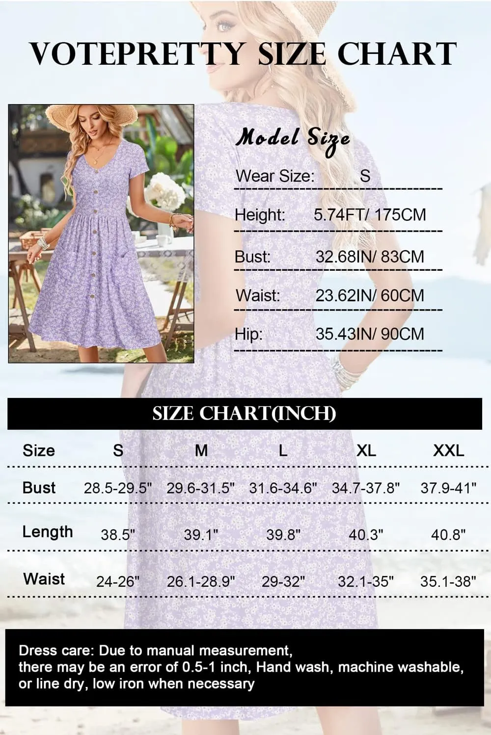 VOTEPRETTY Women's Short Sleeve V Neck Sundress Summer Casual Button Floral Dress with Pockets