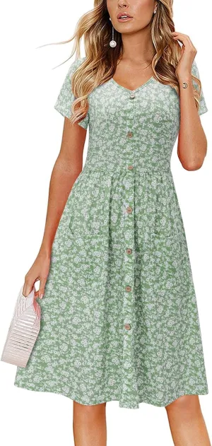 VOTEPRETTY Women's Short Sleeve V Neck Sundress Summer Casual Button Floral Dress with Pockets