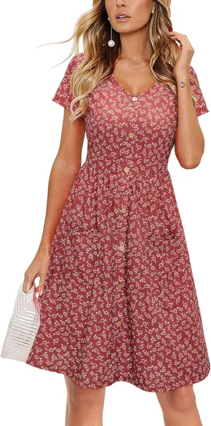 VOTEPRETTY Women's Short Sleeve V Neck Sundress Summer Casual Button Floral Dress with Pockets