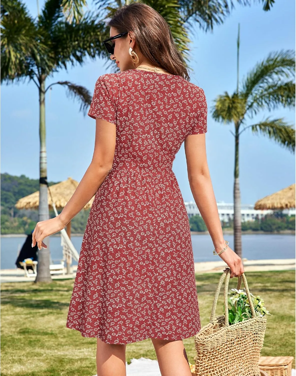 VOTEPRETTY Women's Short Sleeve V Neck Sundress Summer Casual Button Floral Dress with Pockets