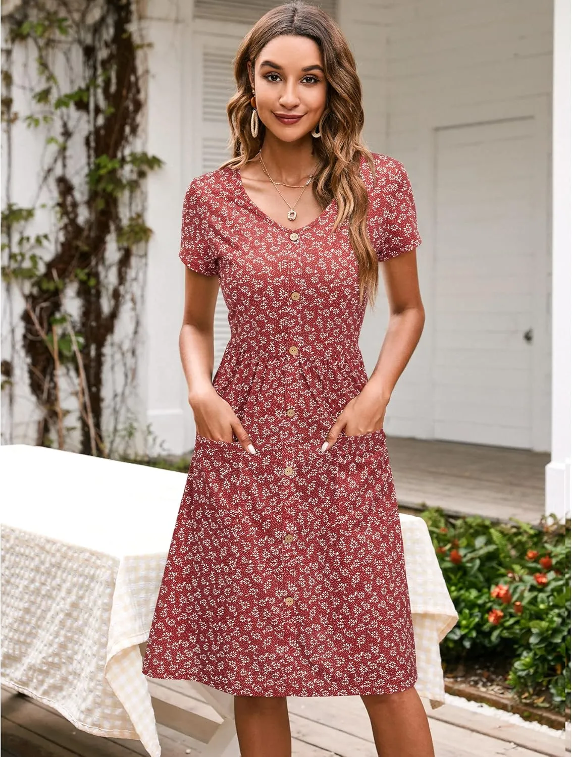 VOTEPRETTY Women's Short Sleeve V Neck Sundress Summer Casual Button Floral Dress with Pockets