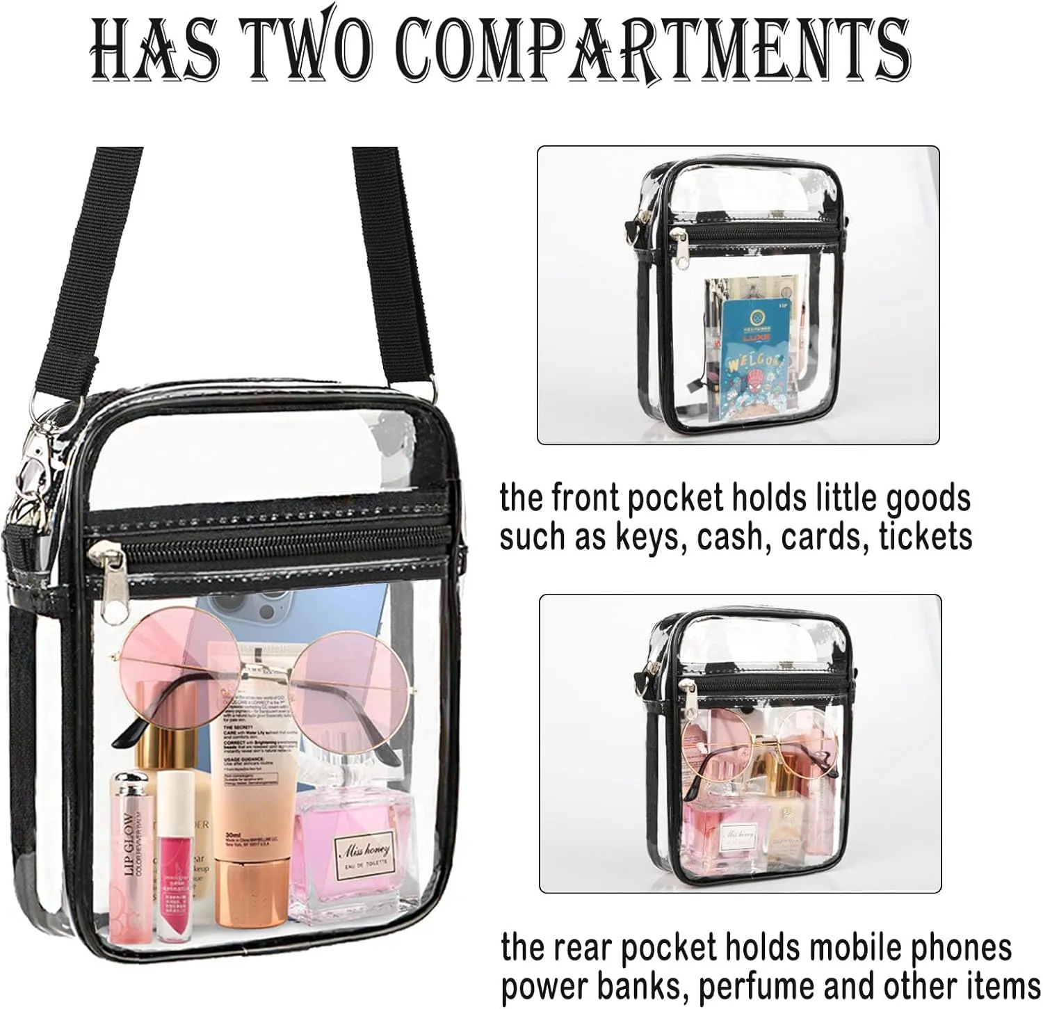 WEDDINGHELPER Clear Crossbody Bag, Clear Bag Stadium Approved Adjustable Strap for Concerts Sports Events