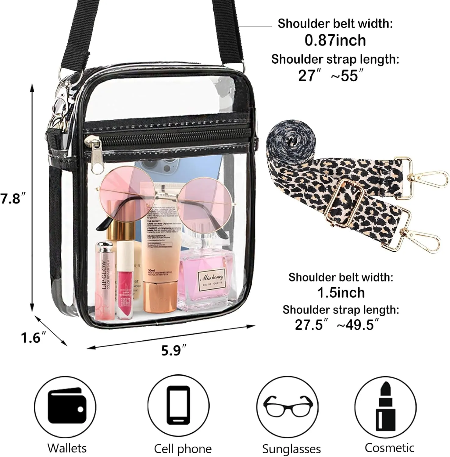WEDDINGHELPER Clear Crossbody Bag, Clear Bag Stadium Approved Adjustable Strap for Concerts Sports Events