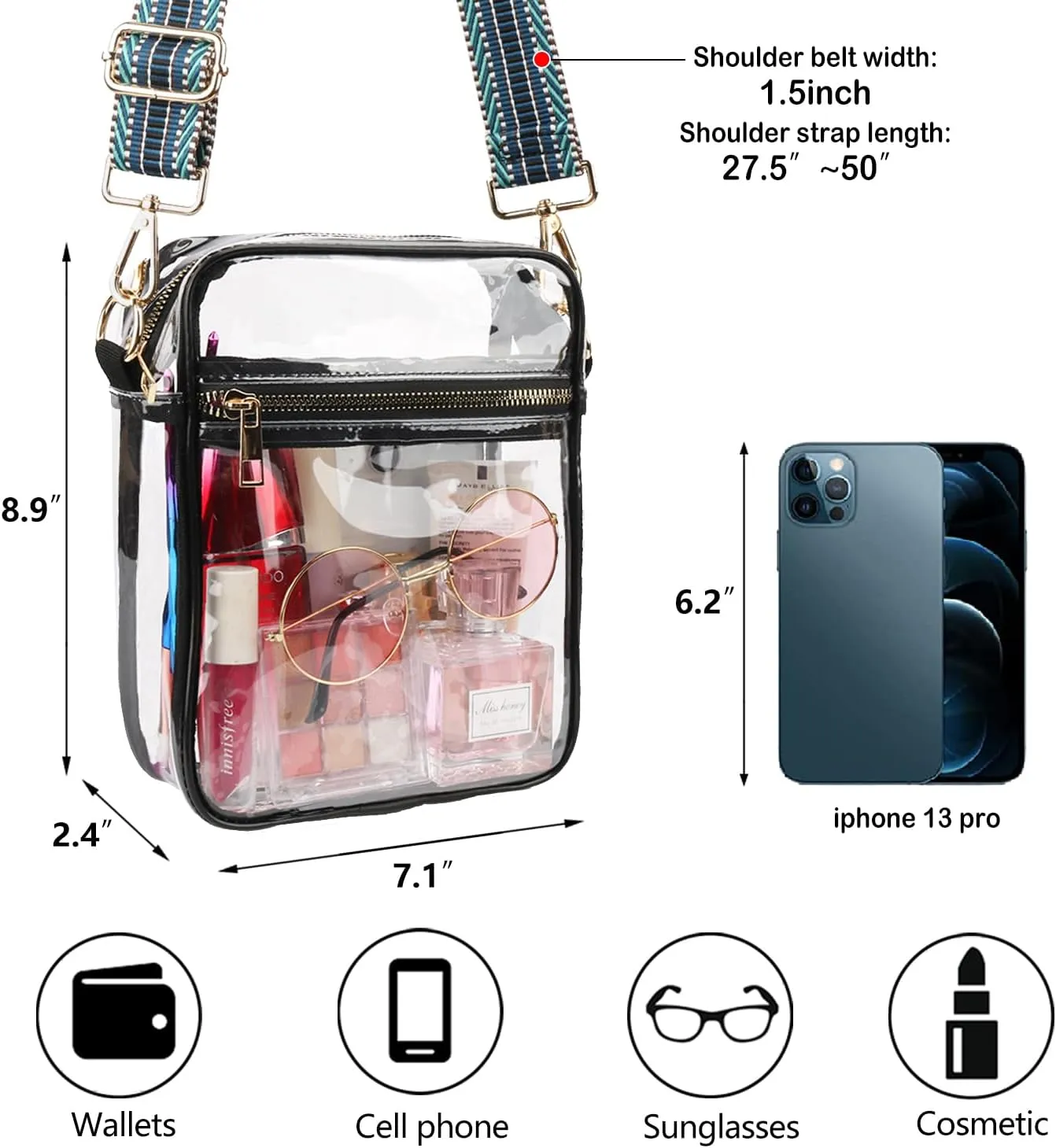 WEDDINGHELPER Clear Crossbody Bag, Clear Bag Stadium Approved, Clear Bag with Adjustable Strap for Sports Events