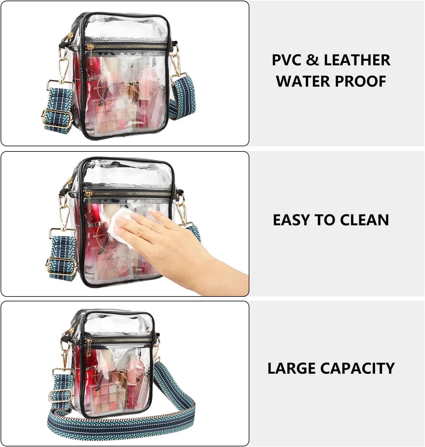WEDDINGHELPER Clear Crossbody Bag, Clear Bag Stadium Approved, Clear Bag with Adjustable Strap for Sports Events