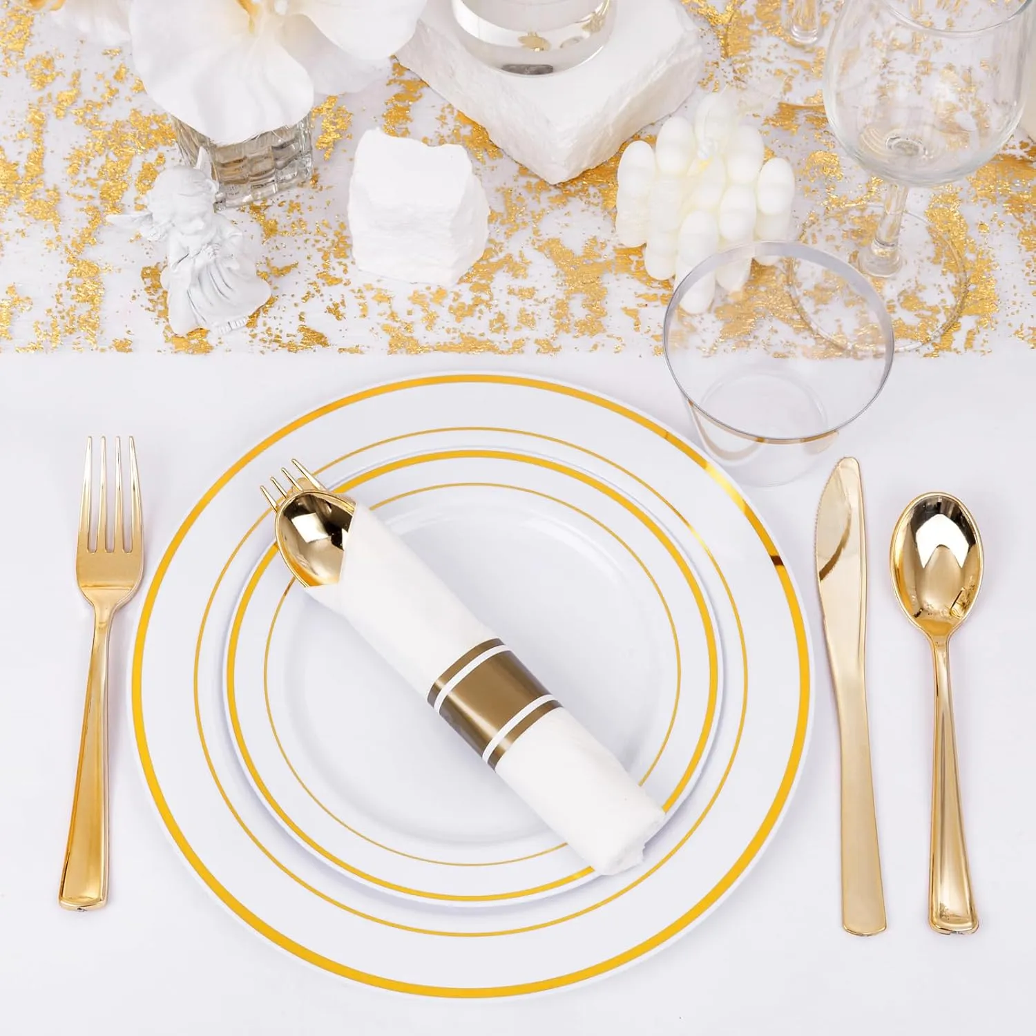 WELLIFE 350-Piece Gold Disposable Plates and Cutlery Set - Premium 10.25" Dinner Plates, 7.5" Dessert Plates, 9oz Cups & Cutlery for Weddings, Catering Events - 50 Guest Service - Elegant & Sturdy