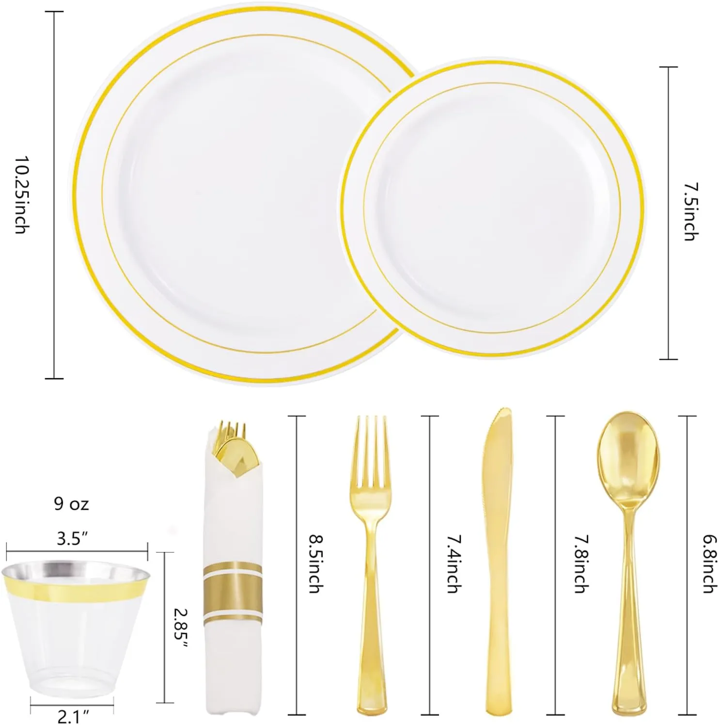 WELLIFE 350-Piece Gold Disposable Plates and Cutlery Set - Premium 10.25" Dinner Plates, 7.5" Dessert Plates, 9oz Cups & Cutlery for Weddings, Catering Events - 50 Guest Service - Elegant & Sturdy