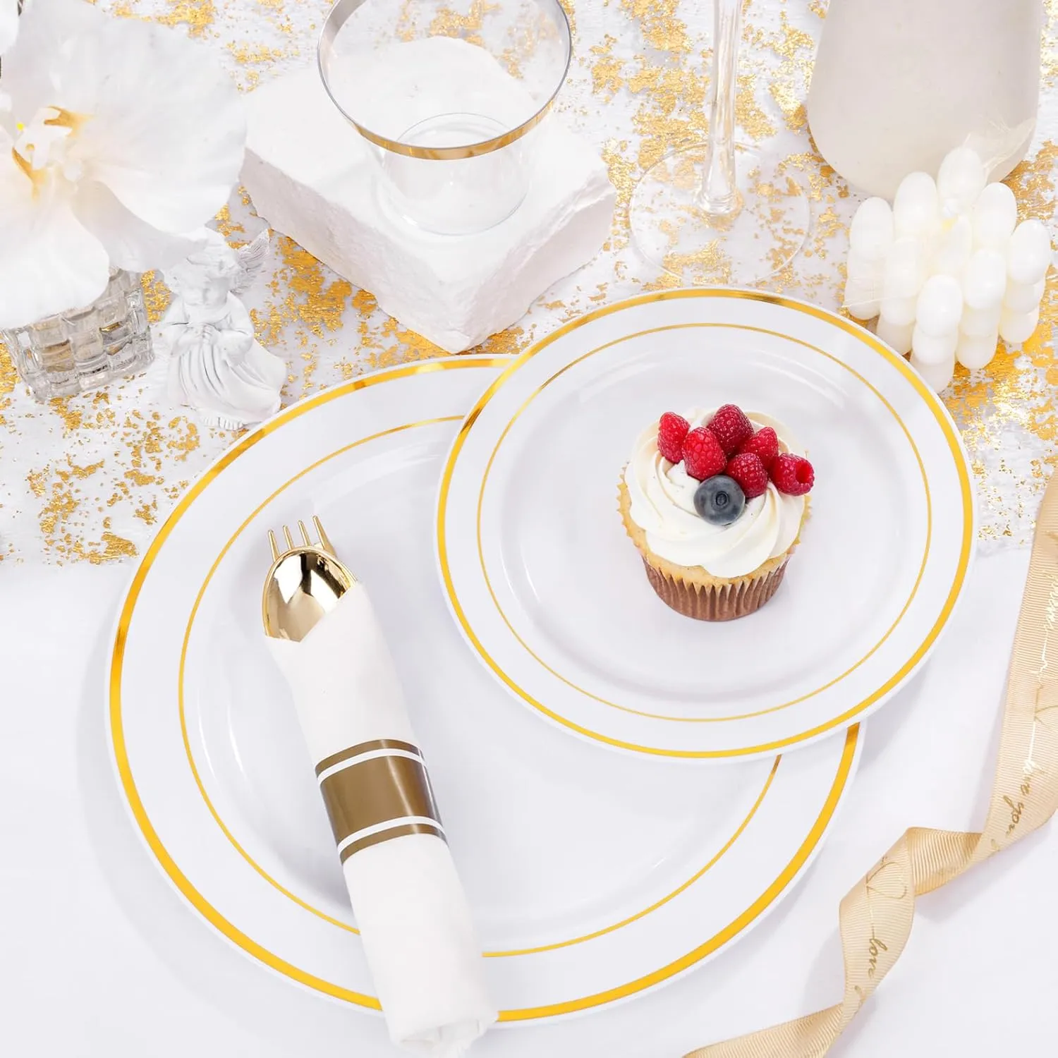 WELLIFE 350-Piece Gold Disposable Plates and Cutlery Set - Premium 10.25" Dinner Plates, 7.5" Dessert Plates, 9oz Cups & Cutlery for Weddings, Catering Events - 50 Guest Service - Elegant & Sturdy