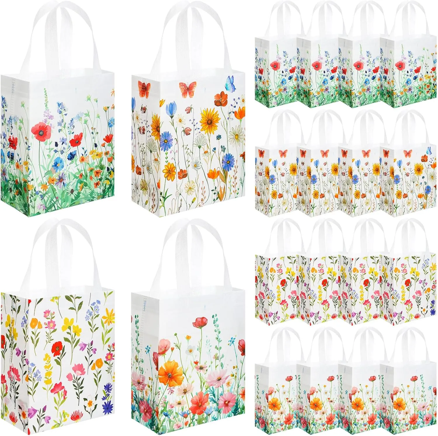 Wesnoy 24 Pcs Floral Gift Bags Treat Bags with Handle Floral Party Favor Bags Wildflower Gift Bags Reusable Floral Non Woven Tote Gift Bags Flower Goodie Bags for Wedding Birthday Party Supplies
