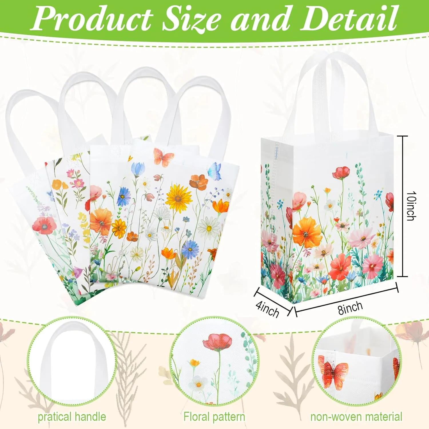 Wesnoy 24 Pcs Floral Gift Bags Treat Bags with Handle Floral Party Favor Bags Wildflower Gift Bags Reusable Floral Non Woven Tote Gift Bags Flower Goodie Bags for Wedding Birthday Party Supplies