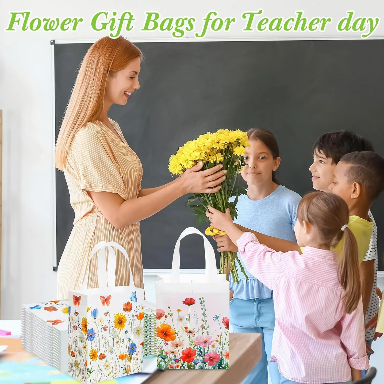 Wesnoy 24 Pcs Floral Gift Bags Treat Bags with Handle Floral Party Favor Bags Wildflower Gift Bags Reusable Floral Non Woven Tote Gift Bags Flower Goodie Bags for Wedding Birthday Party Supplies
