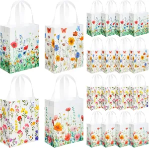 Wesnoy 24 Pcs Floral Gift Bags Treat Bags with Handle Floral Party Favor Bags Wildflower Gift Bags Reusable Floral Non Woven Tote Gift Bags Flower Goodie Bags for Wedding Birthday Party Supplies