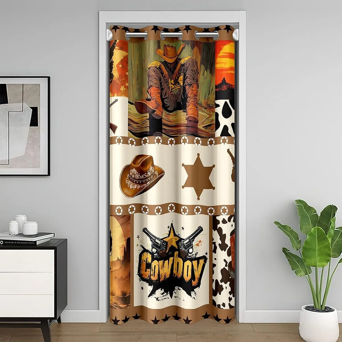 Western Cowboy Kids Door Curtain,Hats Boots Cowhide Texas Stars Hunt Gun Blackout Curtain Bedroom Doorway Living Room,Geometric Plaids Patchwork Brown Privacy Door Drape 1 Panel,60" W X 80" L
