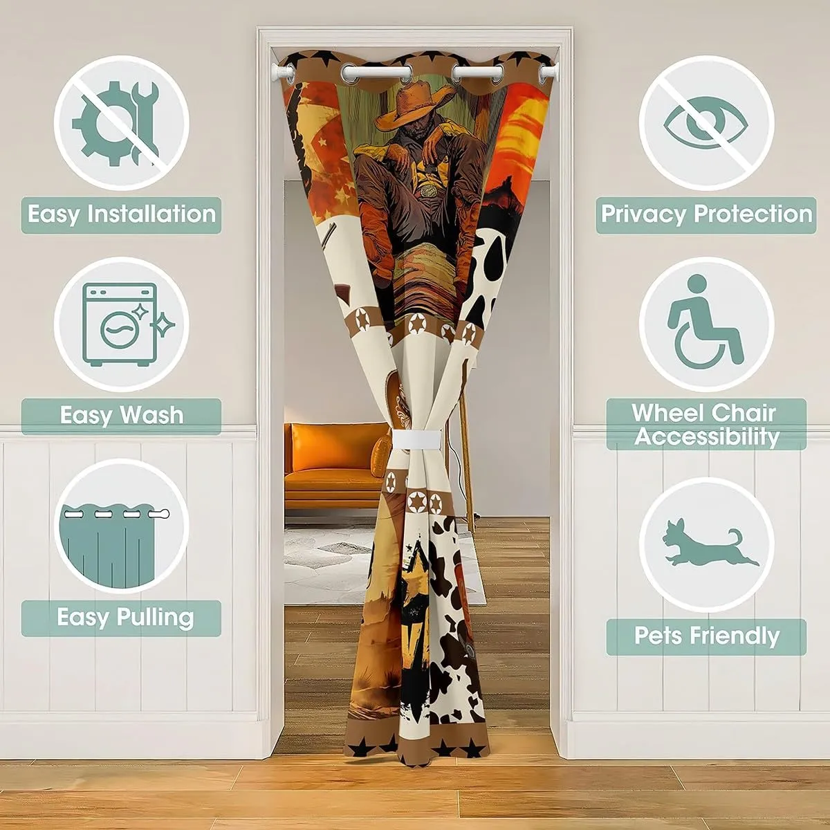 Western Cowboy Kids Door Curtain,Hats Boots Cowhide Texas Stars Hunt Gun Blackout Curtain Bedroom Doorway Living Room,Geometric Plaids Patchwork Brown Privacy Door Drape 1 Panel,60" W X 80" L