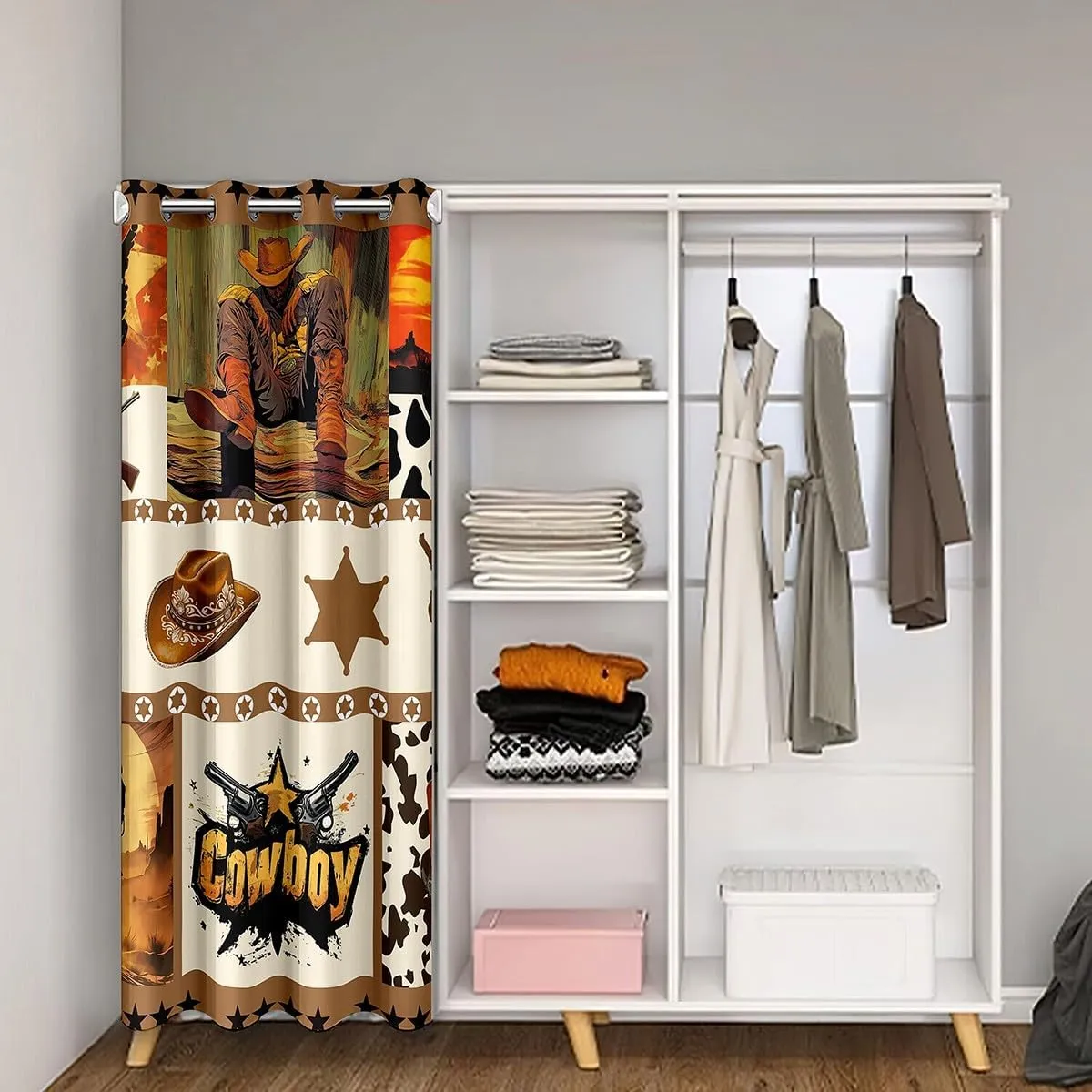 Western Cowboy Kids Door Curtain,Hats Boots Cowhide Texas Stars Hunt Gun Blackout Curtain Bedroom Doorway Living Room,Geometric Plaids Patchwork Brown Privacy Door Drape 1 Panel,60" W X 80" L